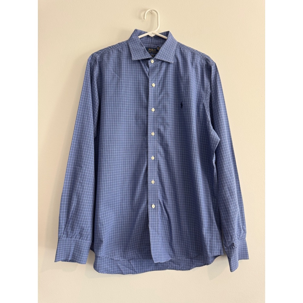 Polo Ralph Lauren Easy Care Button Down Mens Large Blue Micro-Check‎ Long Sleeve